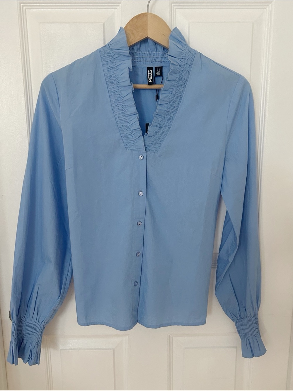 Beautiful Blue Cotton Ruffle V-Neck Button-Down Blouse